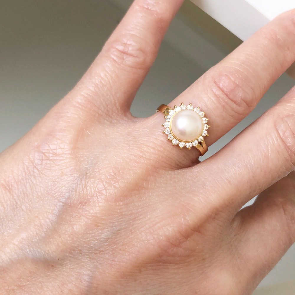 14K Solid Gold Fresh Water Pearl CZ Ring